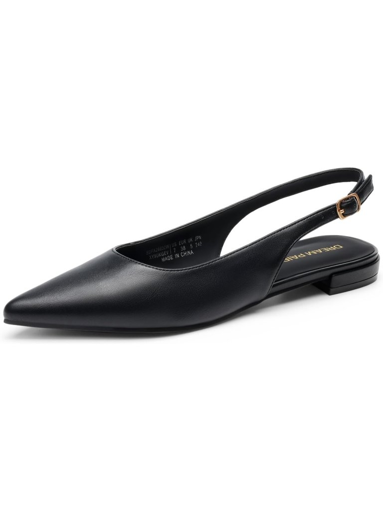 Women's Black Faux Leather Slingback Pointed Toe Ballet With Buckle Strap Flats
